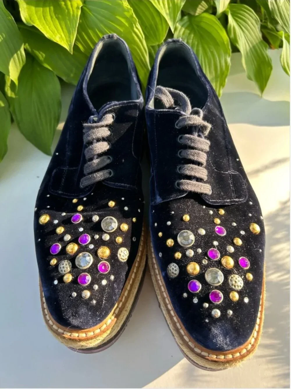 PRADA Velvet Platform Oxford Espadrille Embellished Crystals Shoes Size 40
